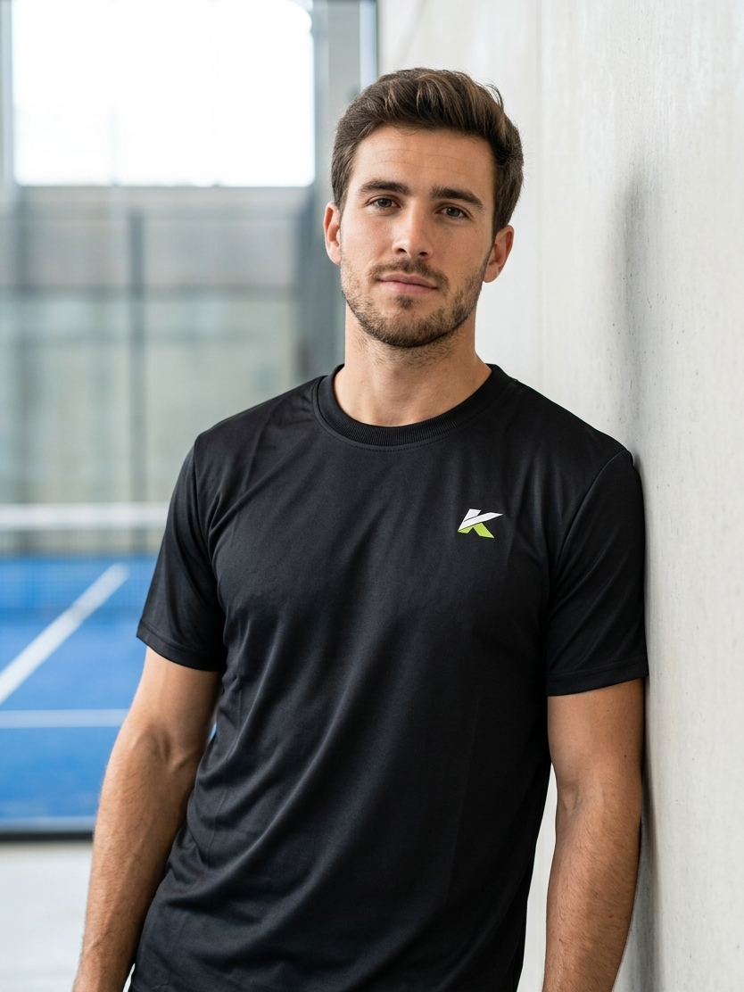 Man wearing a black padel t-shirt with a logo, standing indoors.