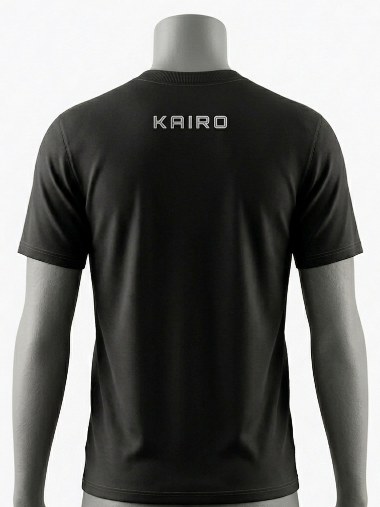 Black t-shirt with 'Kairo' branding on a mannequin against a white background